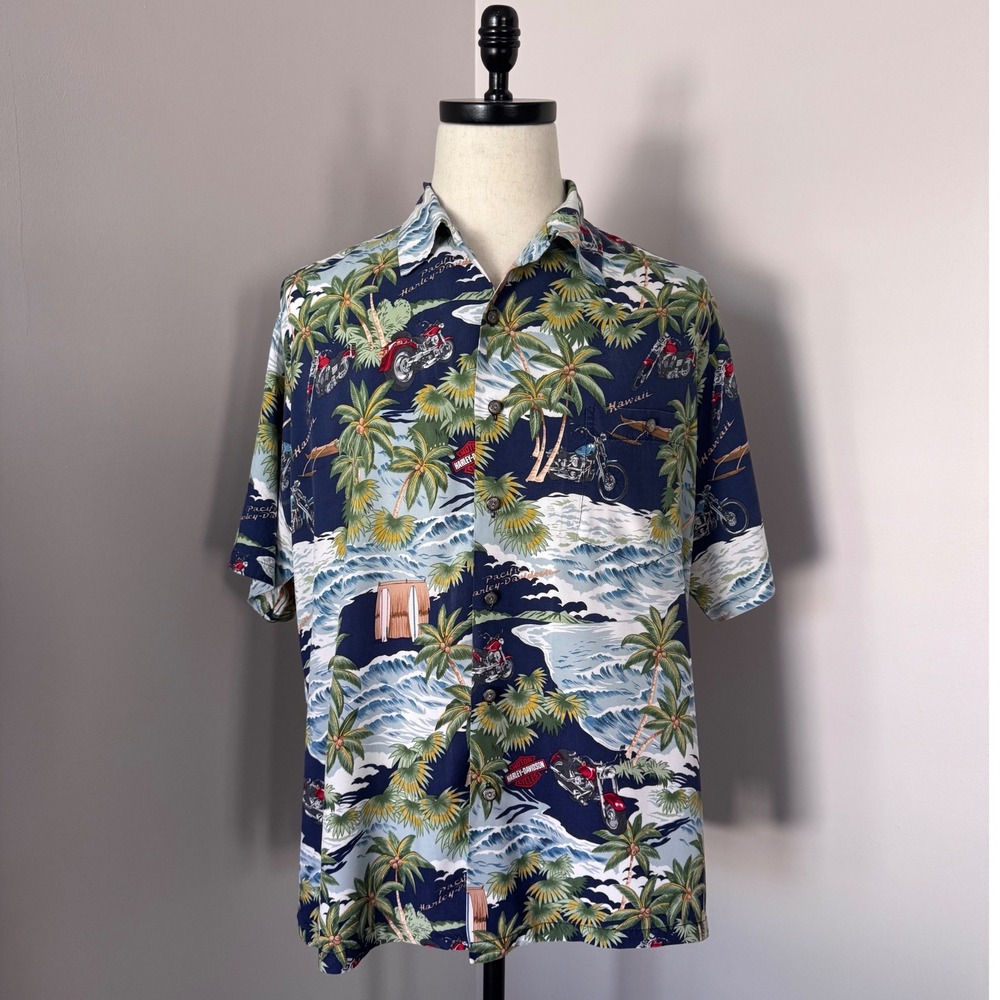 Harley-Davidson Hawaiian Shirt Motorcycle Palm Trees Aloha Made in Hawaii XL